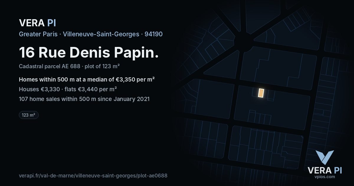16 Rue Denis Papin, Villeneuve-Saint-Georges at night – the plot lit, the parcels around coloured by the prices near them