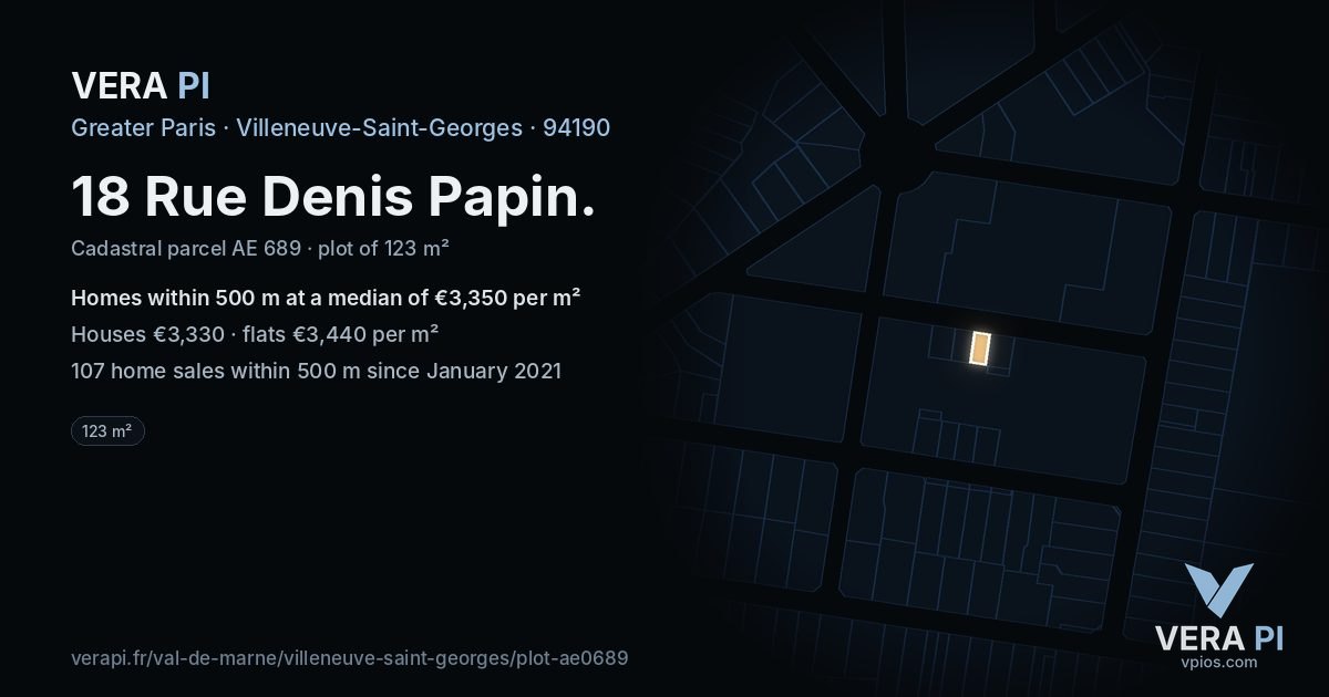 18 Rue Denis Papin, Villeneuve-Saint-Georges at night – the plot lit, the parcels around coloured by the prices near them