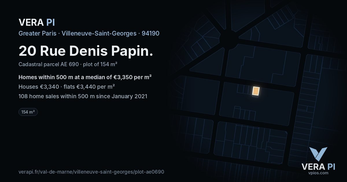 20 Rue Denis Papin, Villeneuve-Saint-Georges at night – the plot lit, the parcels around coloured by the prices near them