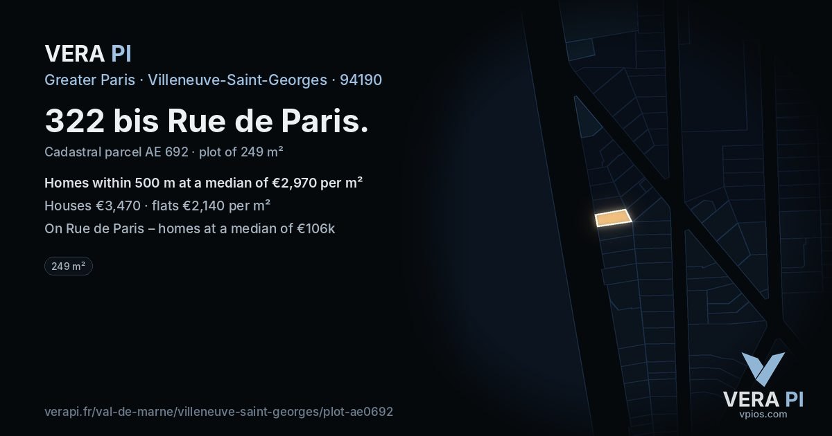 322 bis Rue de Paris, Villeneuve-Saint-Georges at night – the plot lit, the parcels around coloured by the prices near them