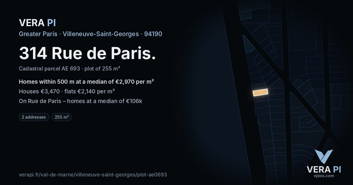 314 Rue de Paris, Villeneuve-Saint-Georges at night – the plot lit, the parcels around coloured by the prices near them