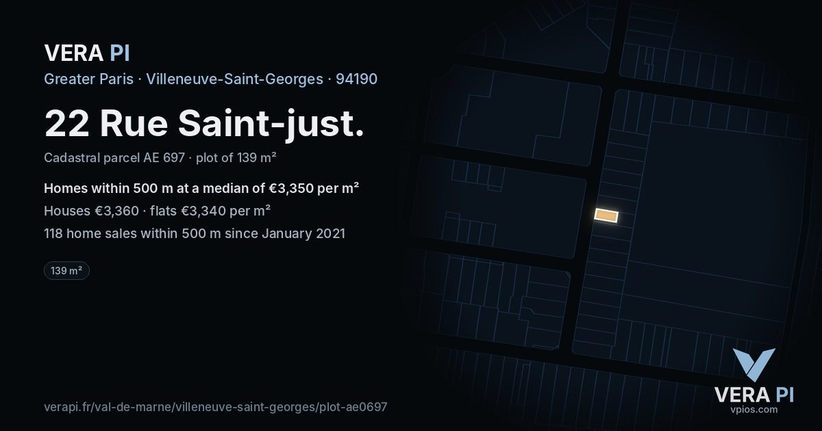 22 Rue Saint-just, Villeneuve-Saint-Georges at night – the plot lit, the parcels around coloured by the prices near them
