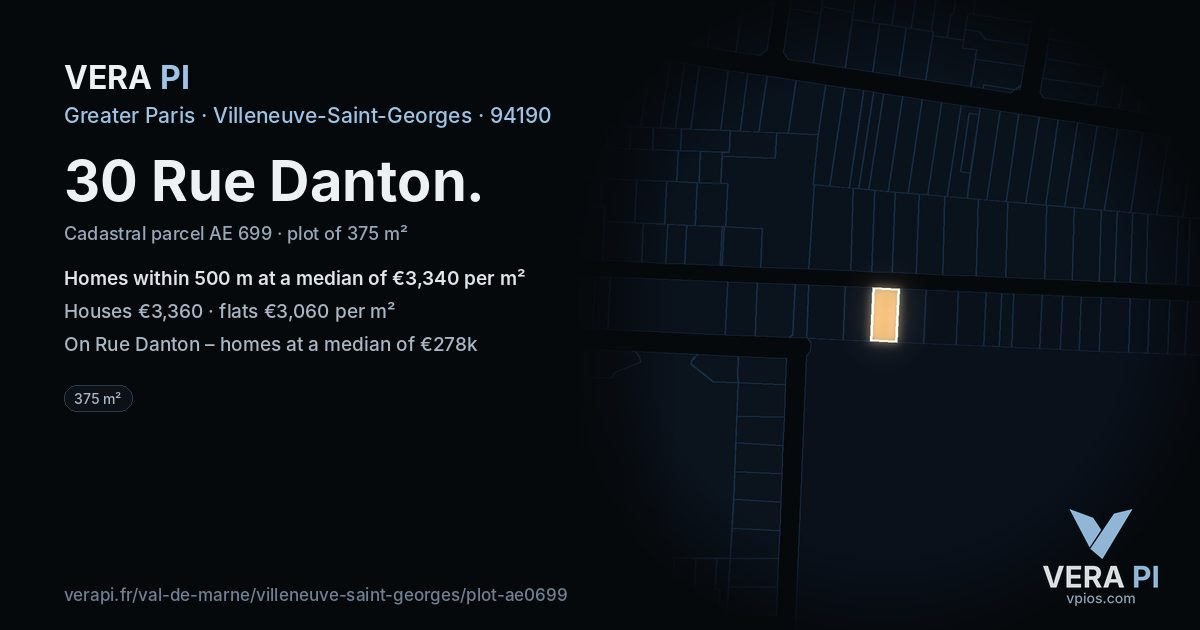 30 Rue Danton, Villeneuve-Saint-Georges at night – the plot lit, the parcels around coloured by the prices near them
