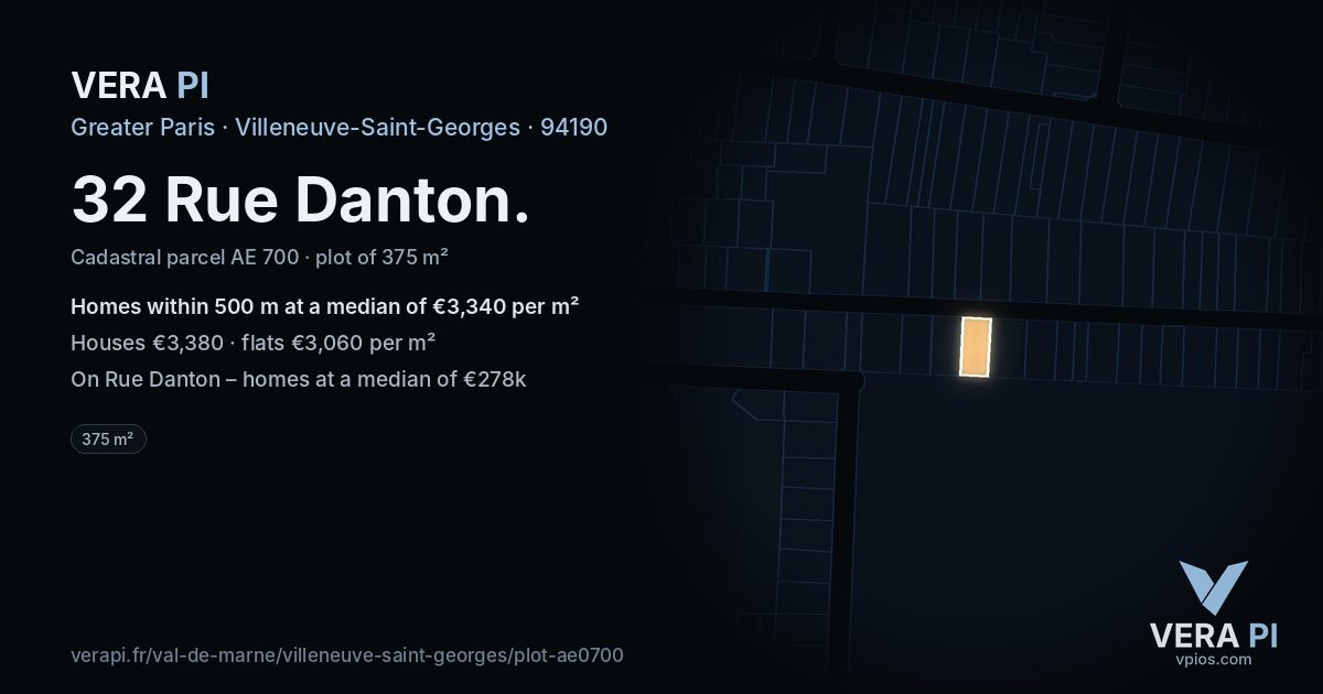 32 Rue Danton, Villeneuve-Saint-Georges at night – the plot lit, the parcels around coloured by the prices near them