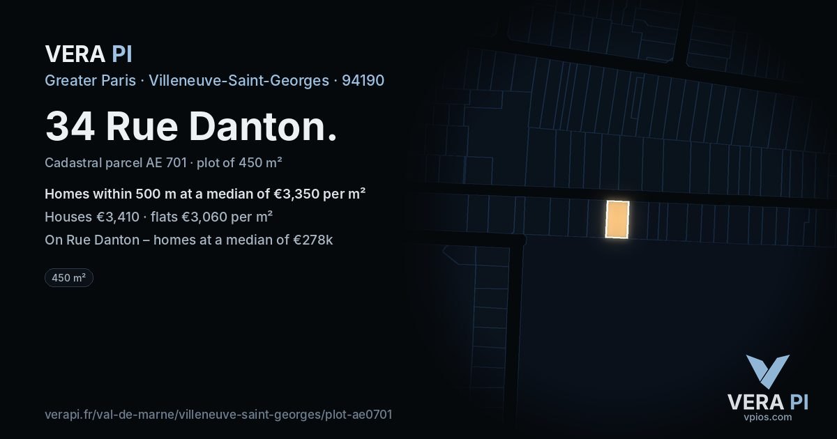 34 Rue Danton, Villeneuve-Saint-Georges at night – the plot lit, the parcels around coloured by the prices near them