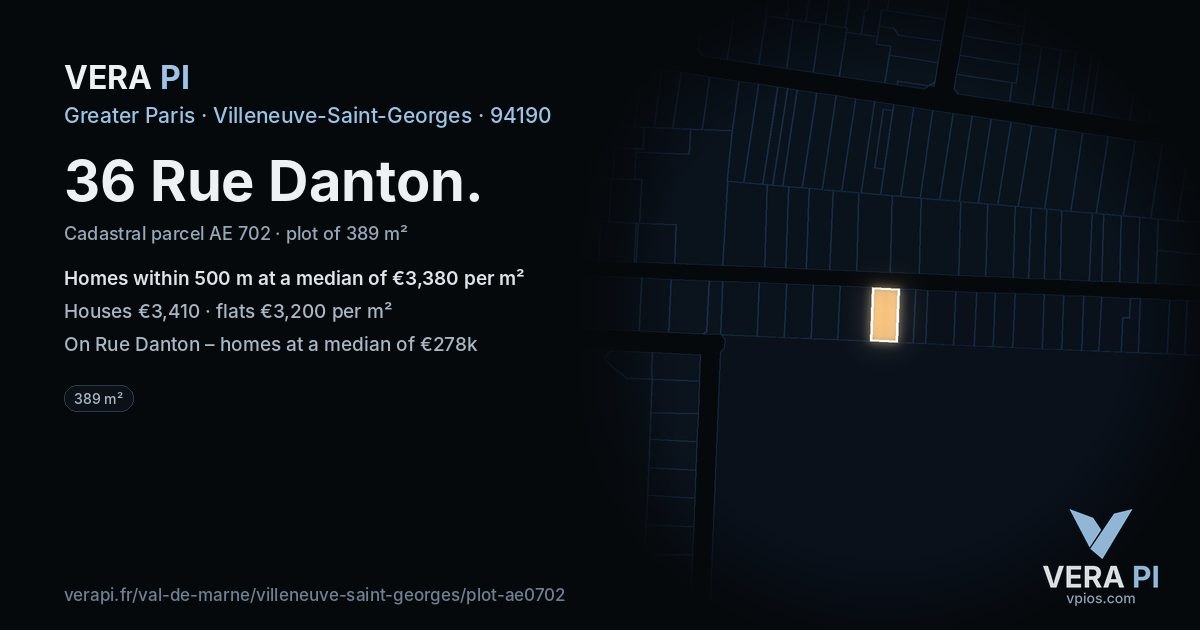 36 Rue Danton, Villeneuve-Saint-Georges at night – the plot lit, the parcels around coloured by the prices near them