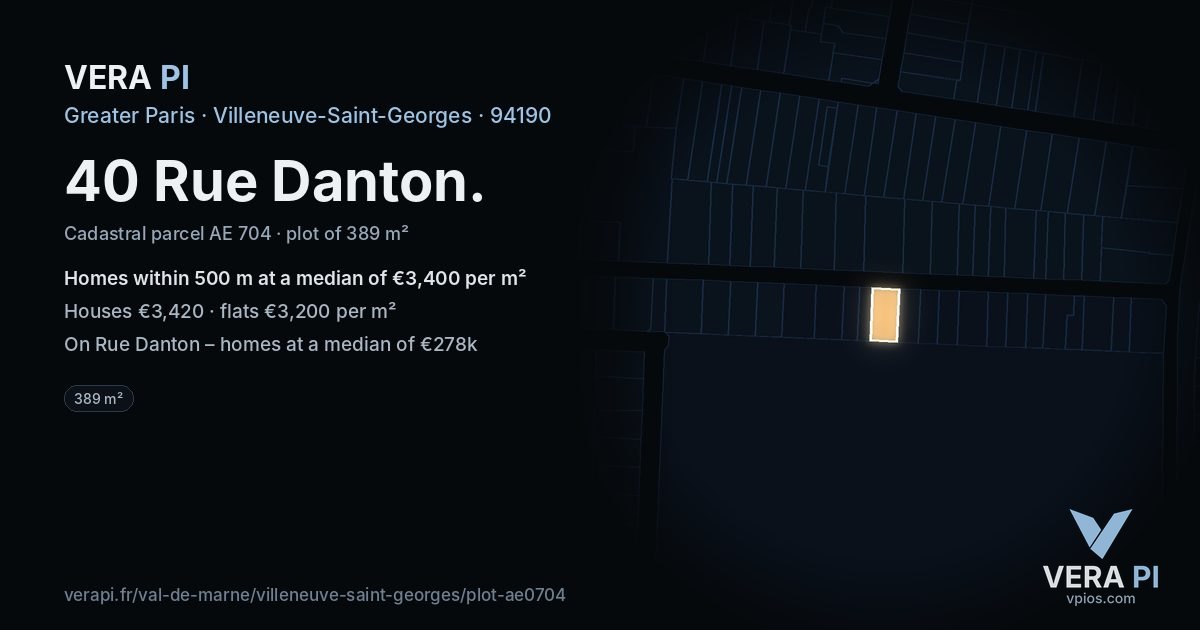 40 Rue Danton, Villeneuve-Saint-Georges at night – the plot lit, the parcels around coloured by the prices near them