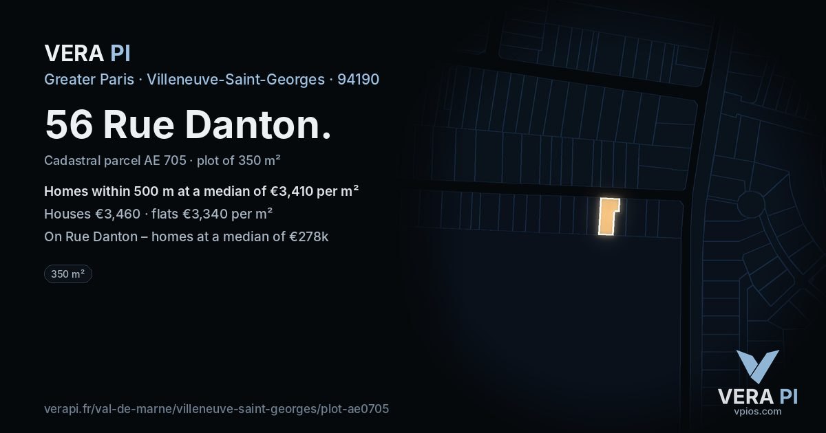 56 Rue Danton, Villeneuve-Saint-Georges at night – the plot lit, the parcels around coloured by the prices near them