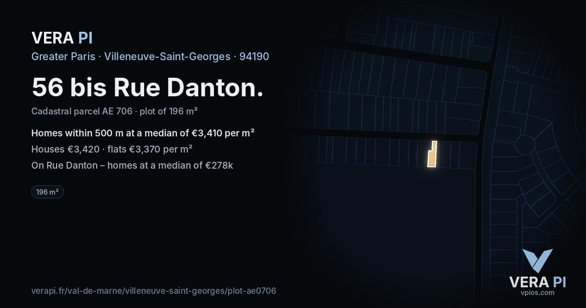 56 bis Rue Danton, Villeneuve-Saint-Georges at night – the plot lit, the parcels around coloured by the prices near them