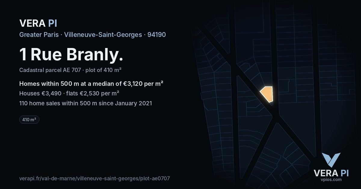 1 Rue Branly, Villeneuve-Saint-Georges at night – the plot lit, the parcels around coloured by the prices near them