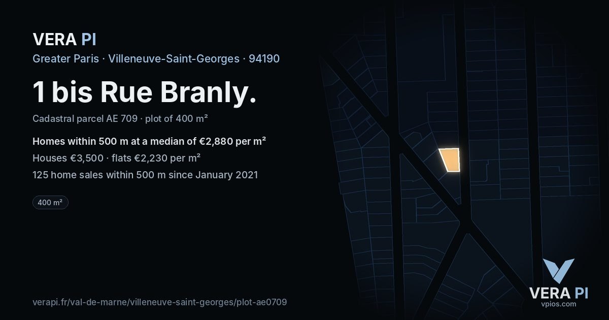 1 bis Rue Branly, Villeneuve-Saint-Georges at night – the plot lit, the parcels around coloured by the prices near them