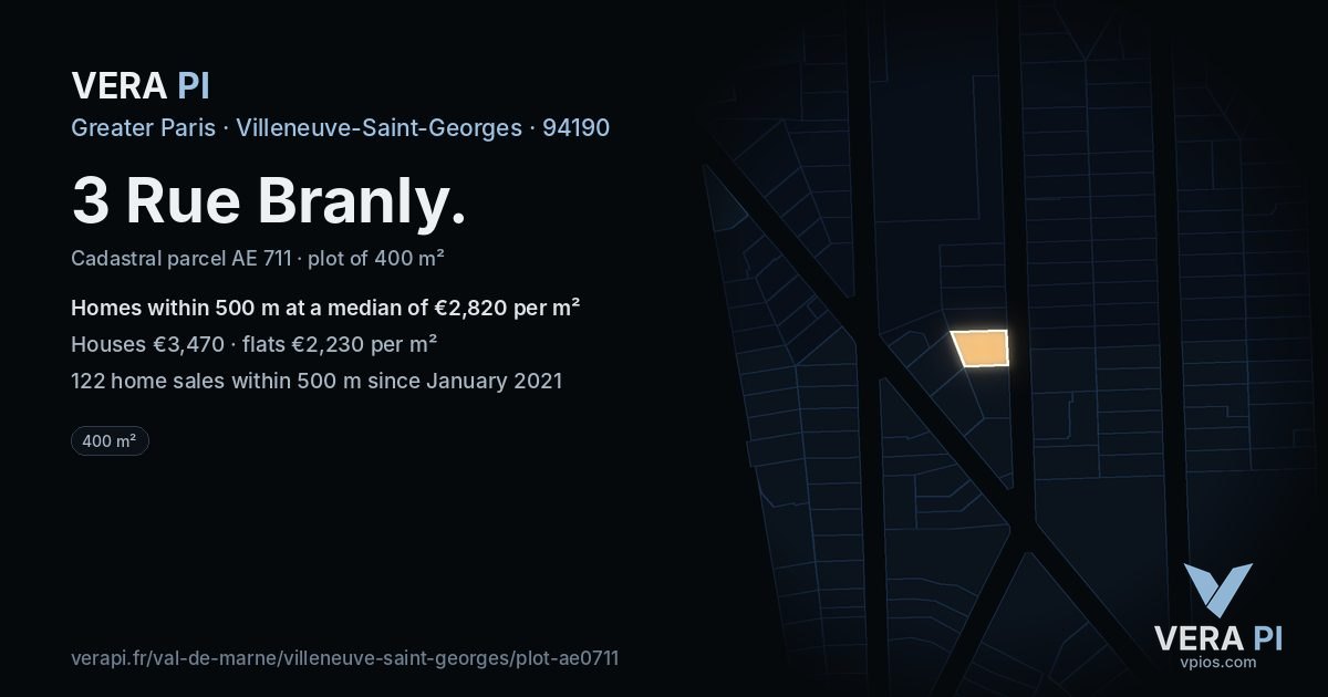 3 Rue Branly, Villeneuve-Saint-Georges at night – the plot lit, the parcels around coloured by the prices near them