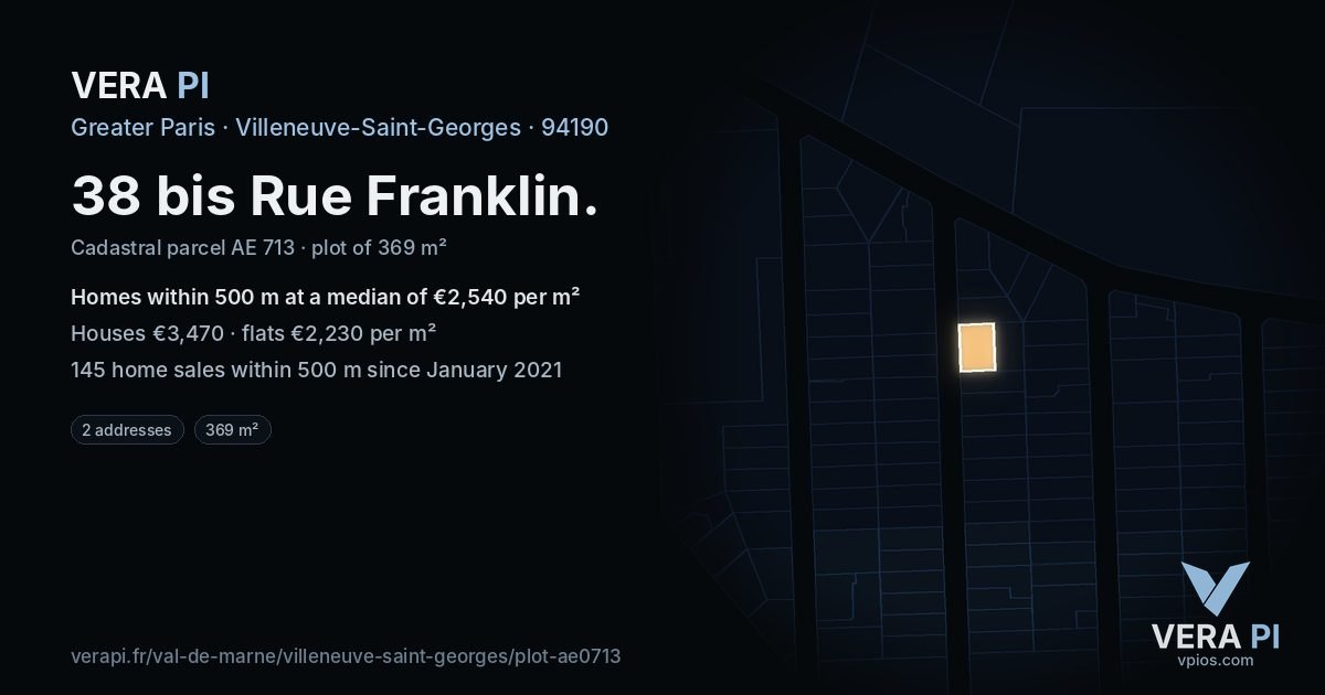 38 bis Rue Franklin, Villeneuve-Saint-Georges at night – the plot lit, the parcels around coloured by the prices near them