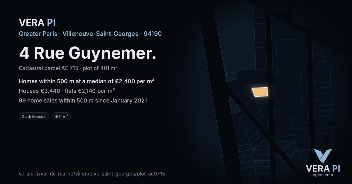 4 Rue Guynemer, Villeneuve-Saint-Georges at night – the plot lit, the parcels around coloured by the prices near them