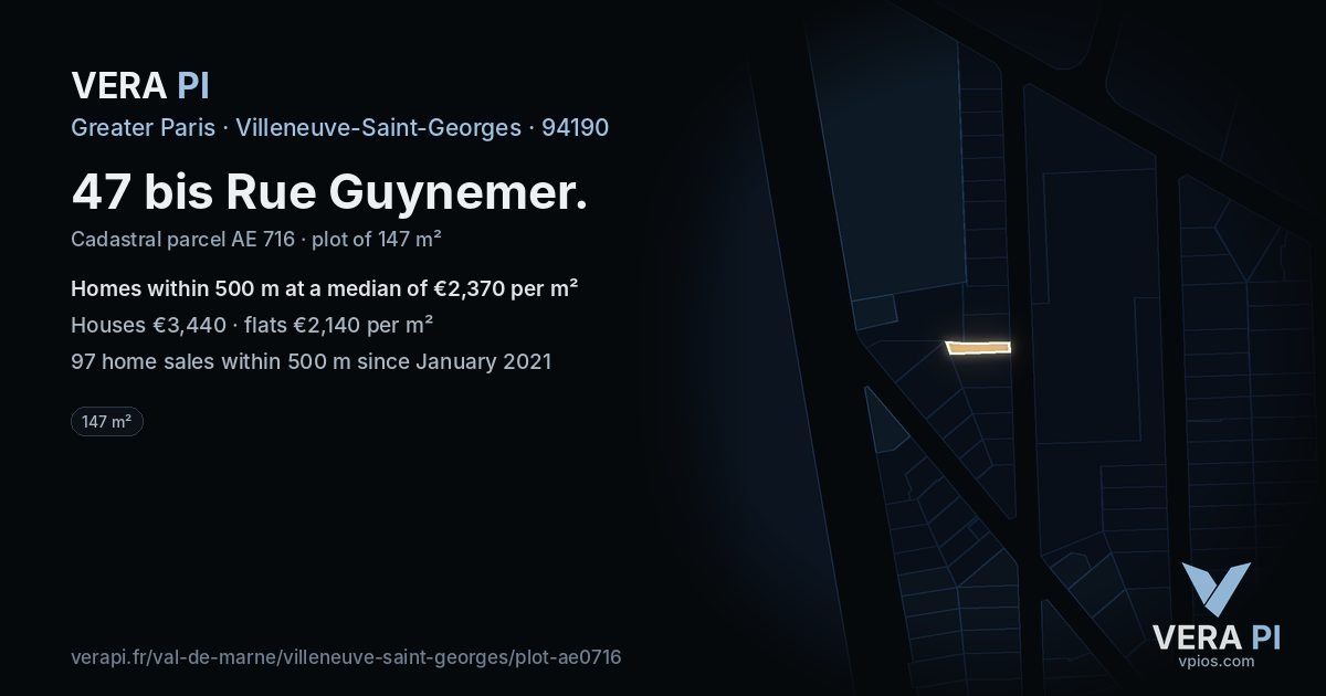47 bis Rue Guynemer, Villeneuve-Saint-Georges at night – the plot lit, the parcels around coloured by the prices near them
