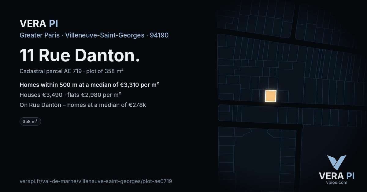 11 Rue Danton, Villeneuve-Saint-Georges at night – the plot lit, the parcels around coloured by the prices near them