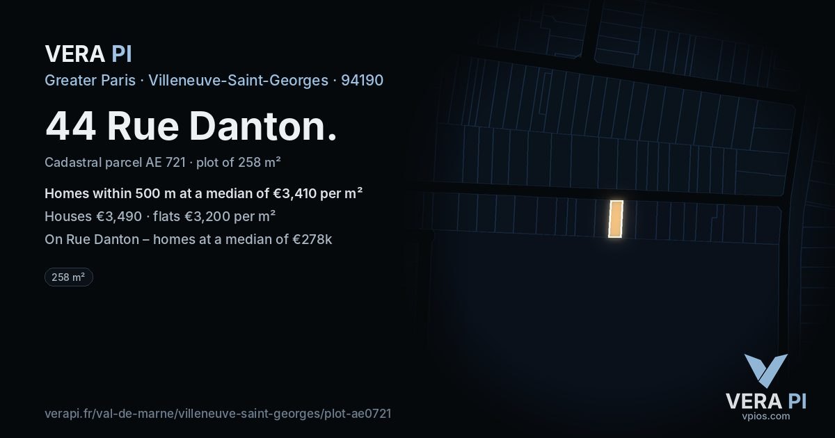 44 Rue Danton, Villeneuve-Saint-Georges at night – the plot lit, the parcels around coloured by the prices near them