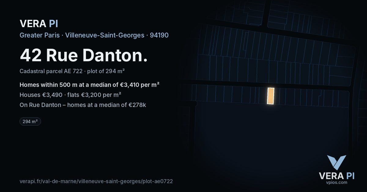 42 Rue Danton, Villeneuve-Saint-Georges at night – the plot lit, the parcels around coloured by the prices near them