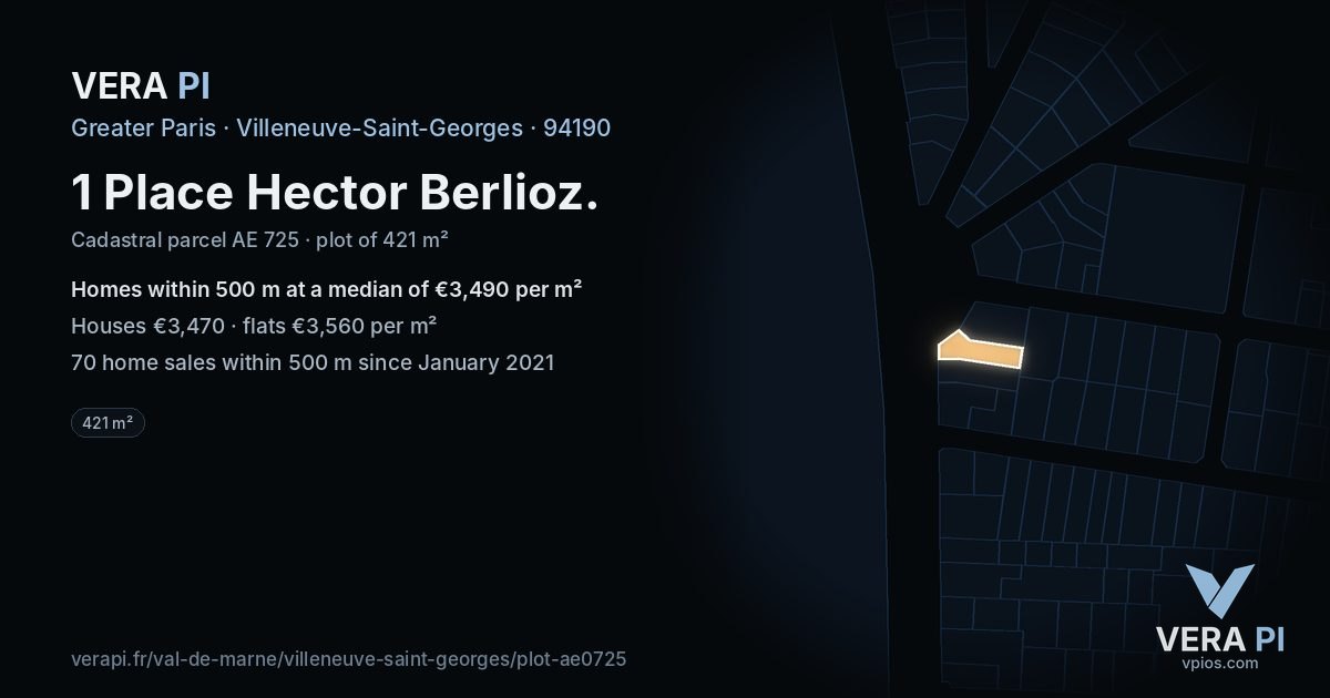 1 Place Hector Berlioz, Villeneuve-Saint-Georges at night – the plot lit, the parcels around coloured by the prices near them