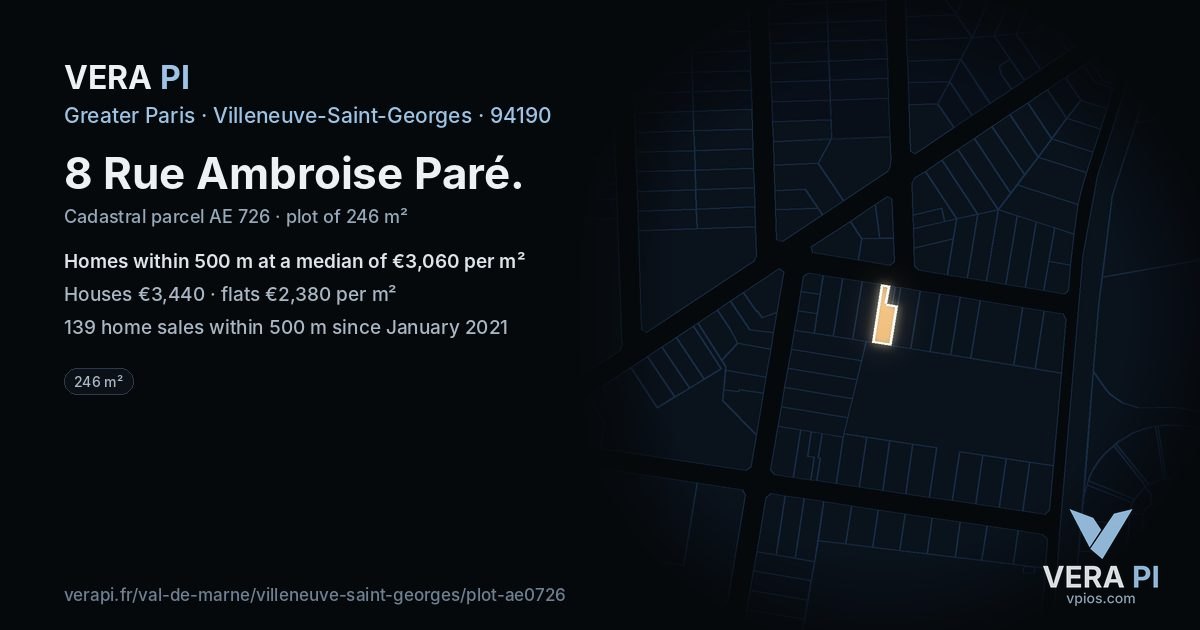 8 Rue Ambroise Paré, Villeneuve-Saint-Georges at night – the plot lit, the parcels around coloured by the prices near them