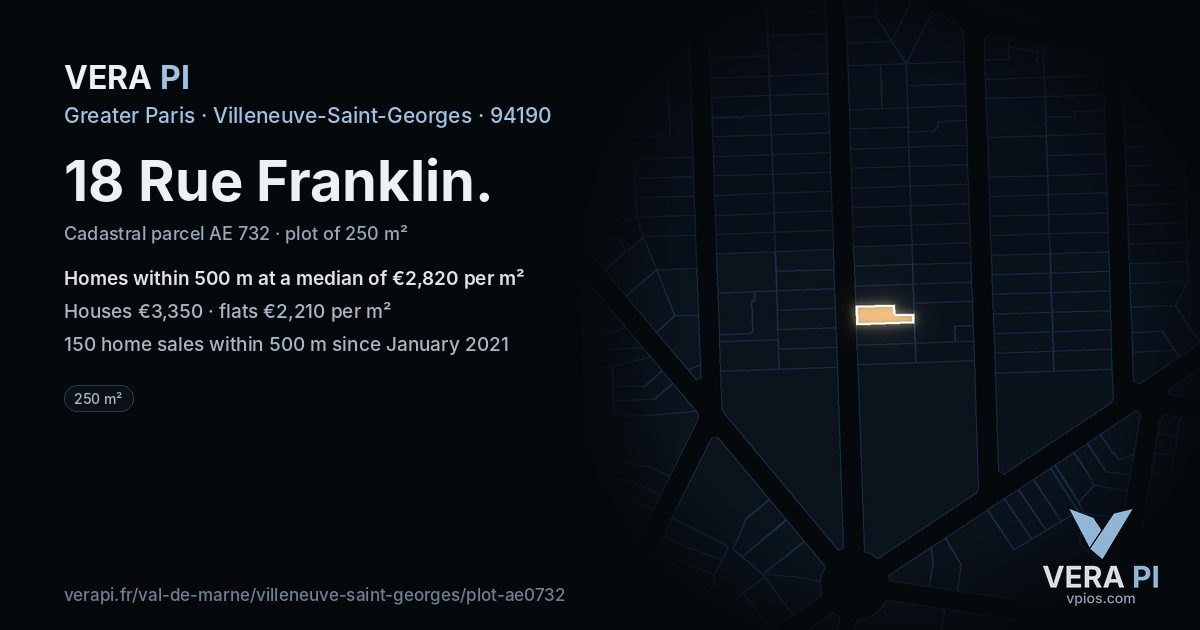 18 Rue Franklin, Villeneuve-Saint-Georges at night – the plot lit, the parcels around coloured by the prices near them