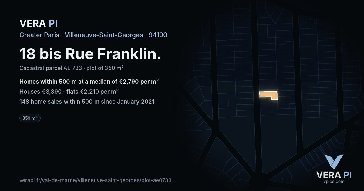 18 bis Rue Franklin, Villeneuve-Saint-Georges at night – the plot lit, the parcels around coloured by the prices near them