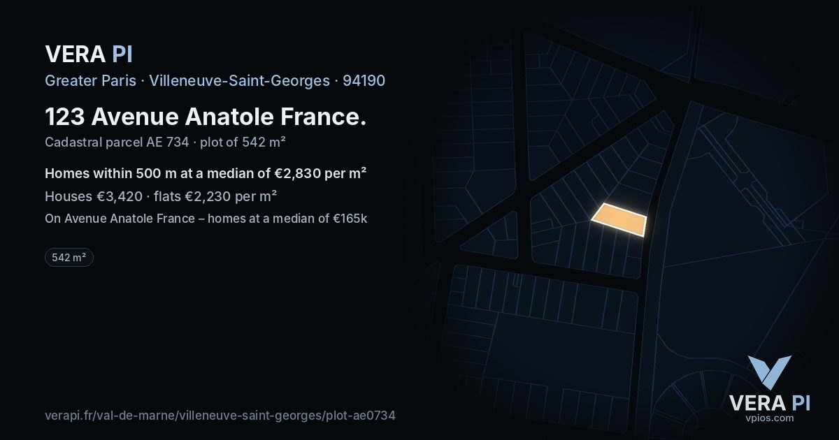123 Avenue Anatole France, Villeneuve-Saint-Georges at night – the plot lit, the parcels around coloured by the prices near them