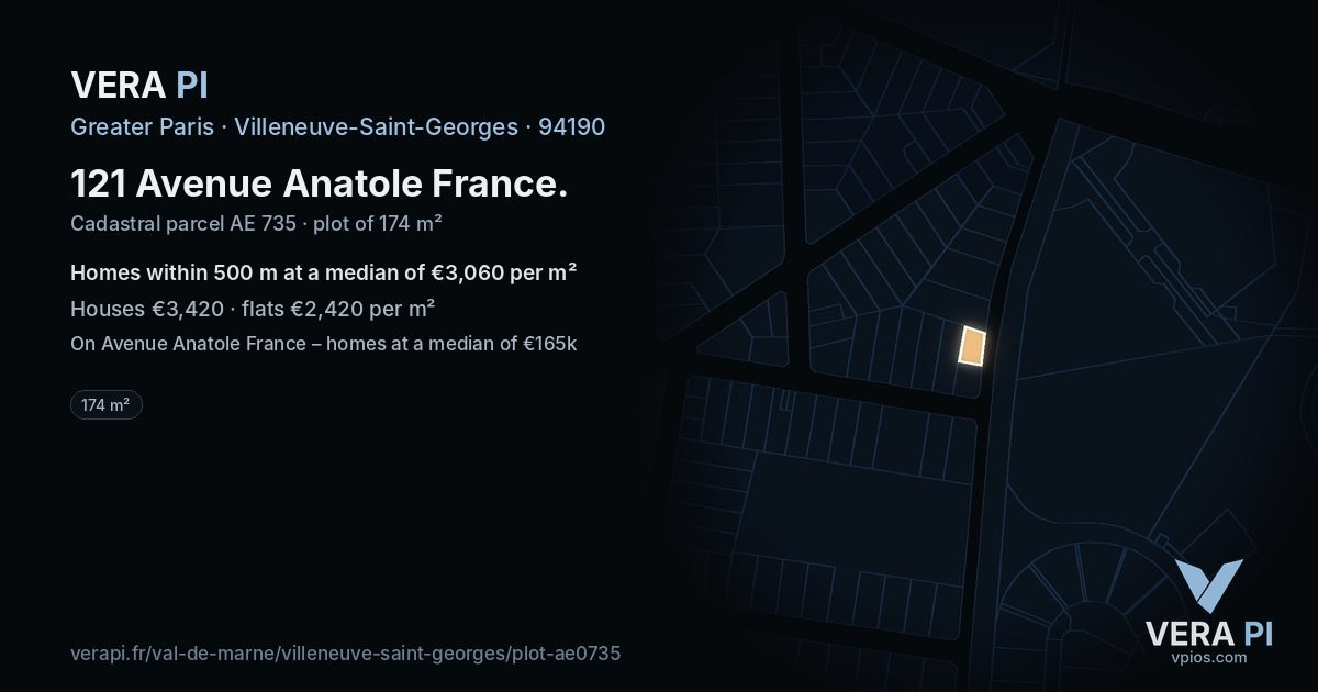 121 Avenue Anatole France, Villeneuve-Saint-Georges at night – the plot lit, the parcels around coloured by the prices near them