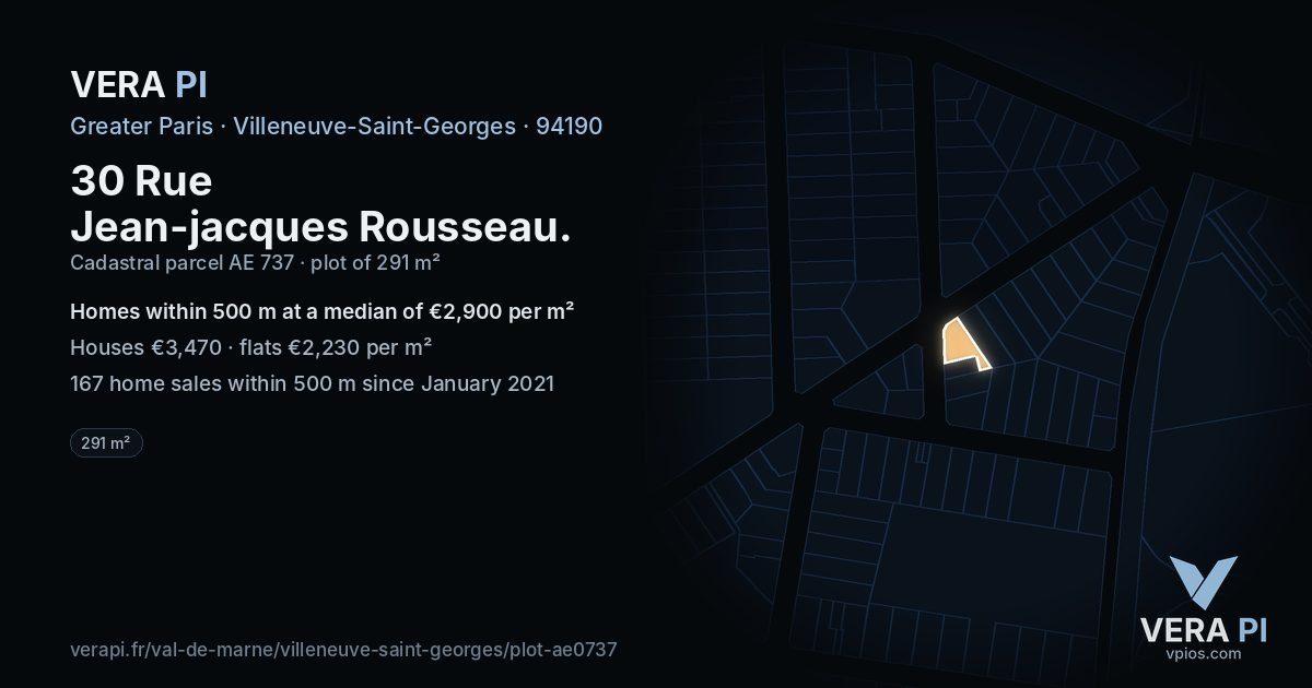 30 Rue Jean-jacques Rousseau, Villeneuve-Saint-Georges at night – the plot lit, the parcels around coloured by the prices near them