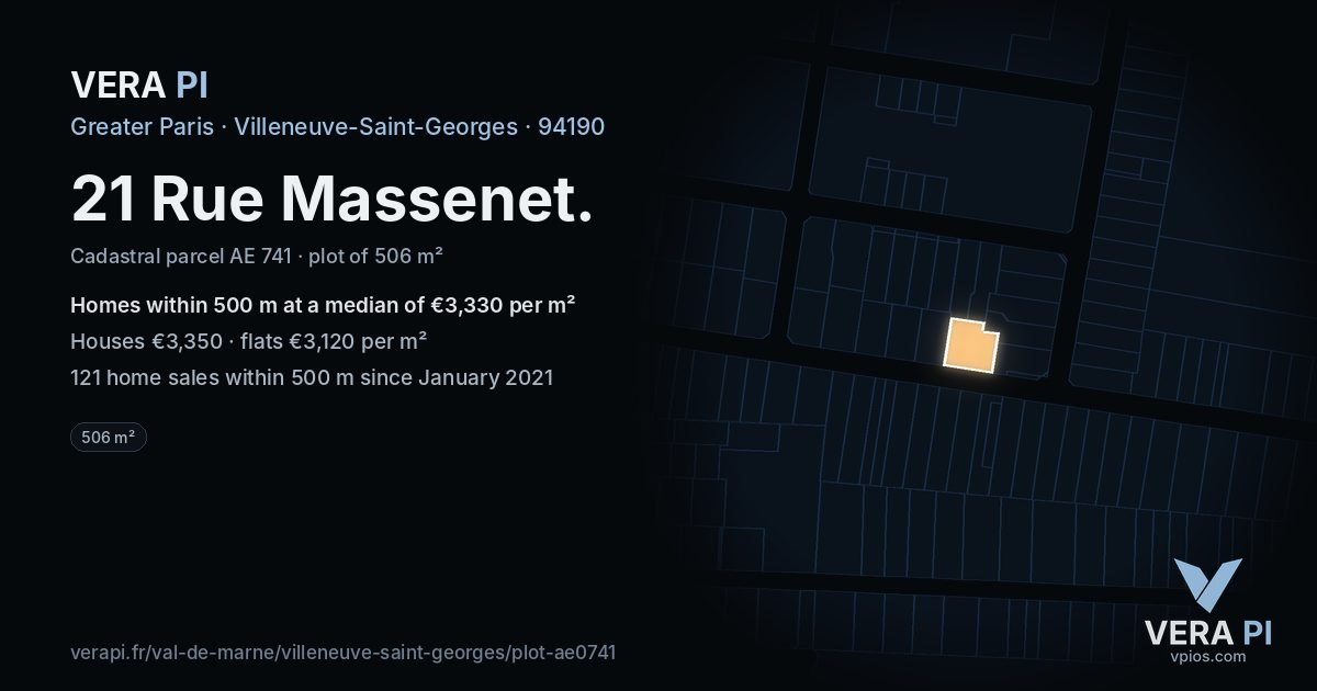 21 Rue Massenet, Villeneuve-Saint-Georges at night – the plot lit, the parcels around coloured by the prices near them