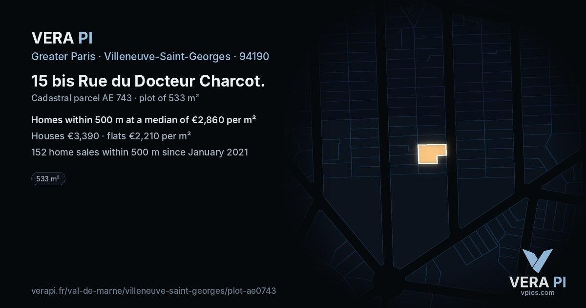15 bis Rue du Docteur Charcot, Villeneuve-Saint-Georges at night – the plot lit, the parcels around coloured by the prices near them
