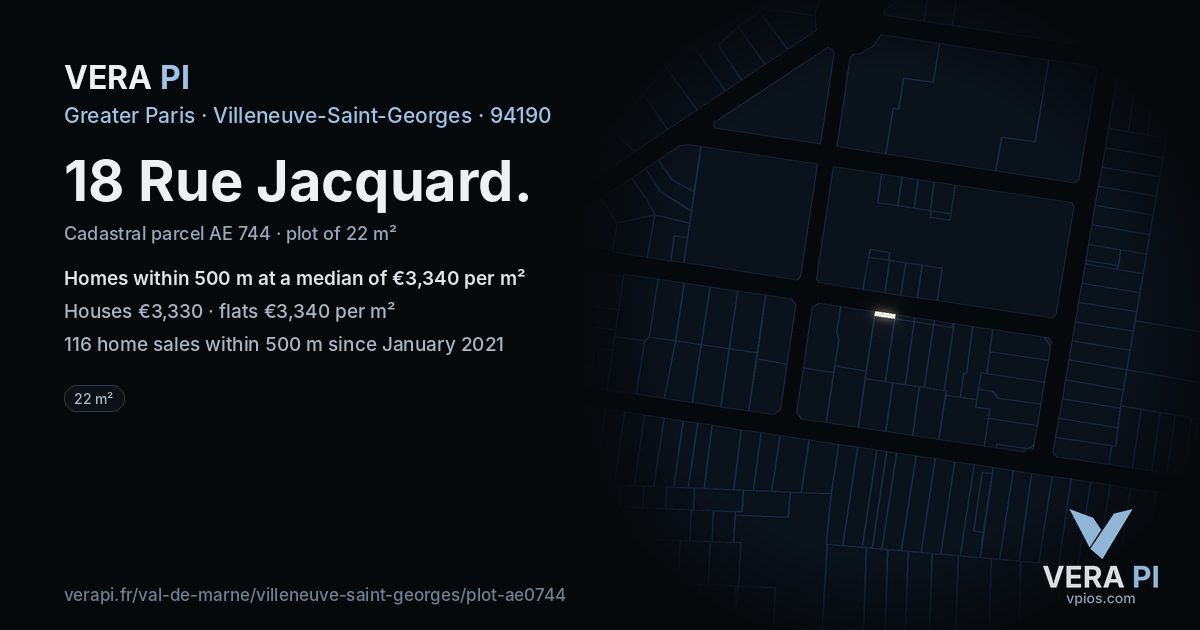18 Rue Jacquard, Villeneuve-Saint-Georges at night – the plot lit, the parcels around coloured by the prices near them