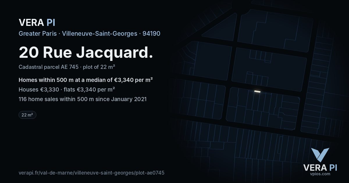 20 Rue Jacquard, Villeneuve-Saint-Georges at night – the plot lit, the parcels around coloured by the prices near them
