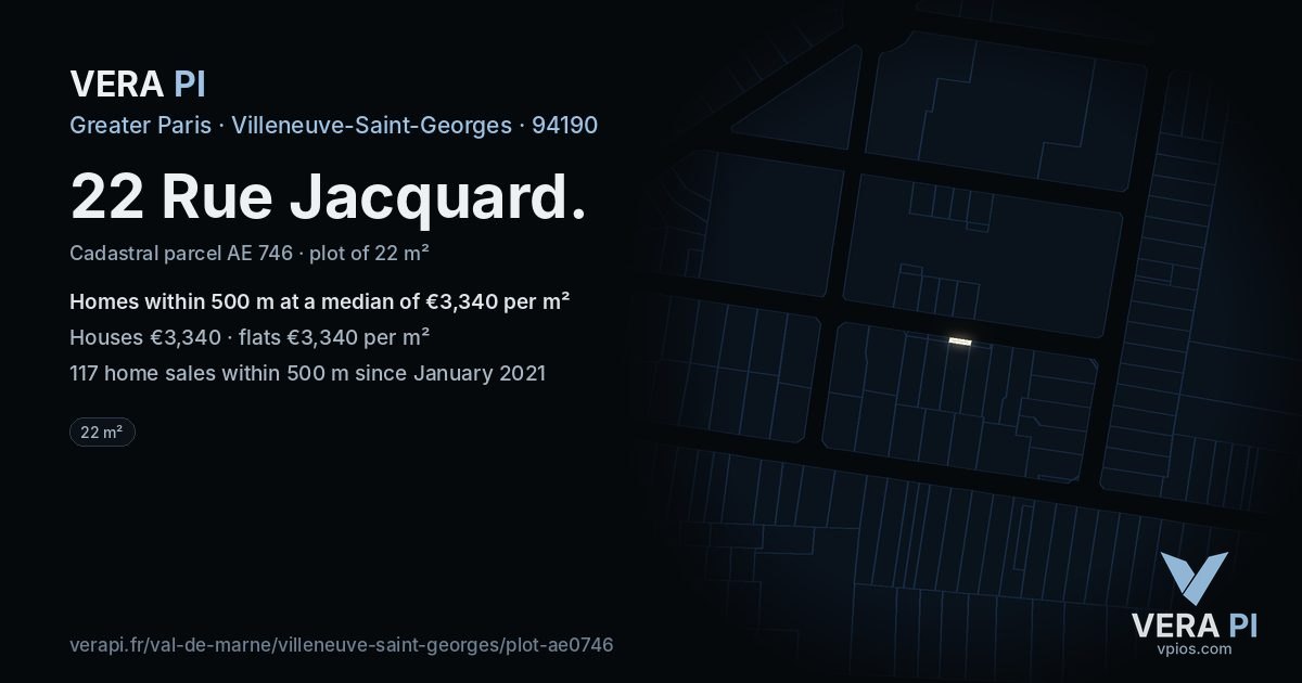 22 Rue Jacquard, Villeneuve-Saint-Georges at night – the plot lit, the parcels around coloured by the prices near them