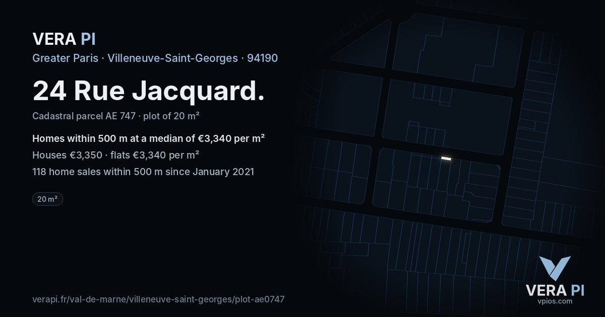 24 Rue Jacquard, Villeneuve-Saint-Georges at night – the plot lit, the parcels around coloured by the prices near them