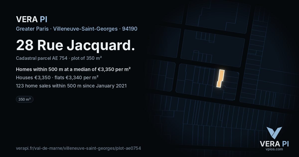 28 Rue Jacquard, Villeneuve-Saint-Georges at night – the plot lit, the parcels around coloured by the prices near them