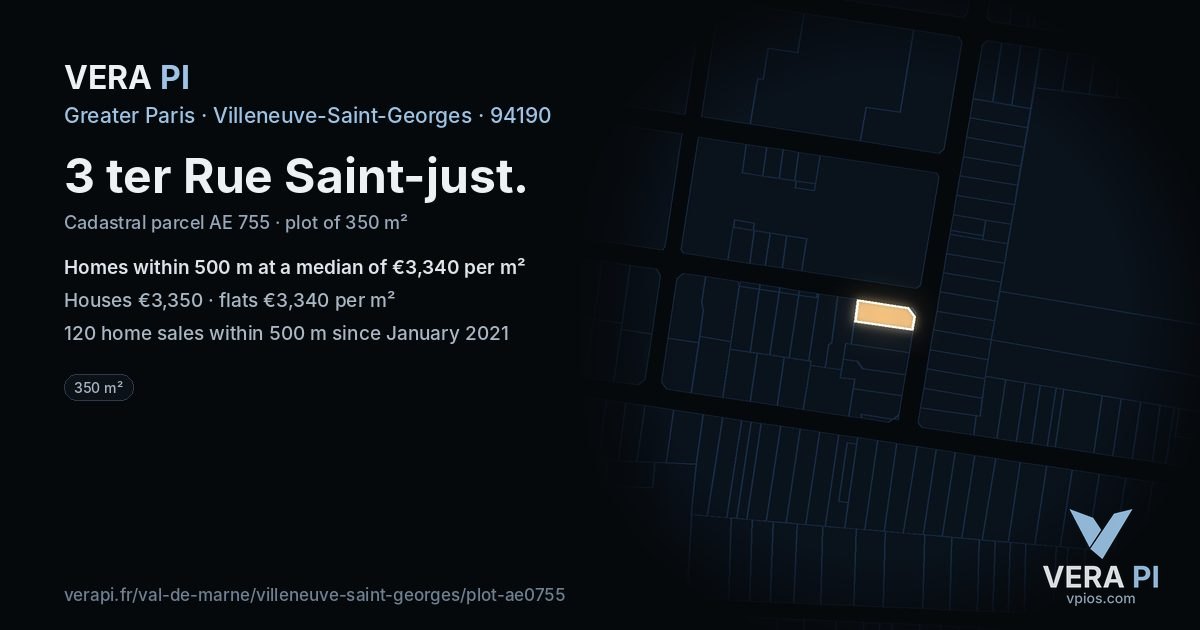 3 ter Rue Saint-just, Villeneuve-Saint-Georges at night – the plot lit, the parcels around coloured by the prices near them