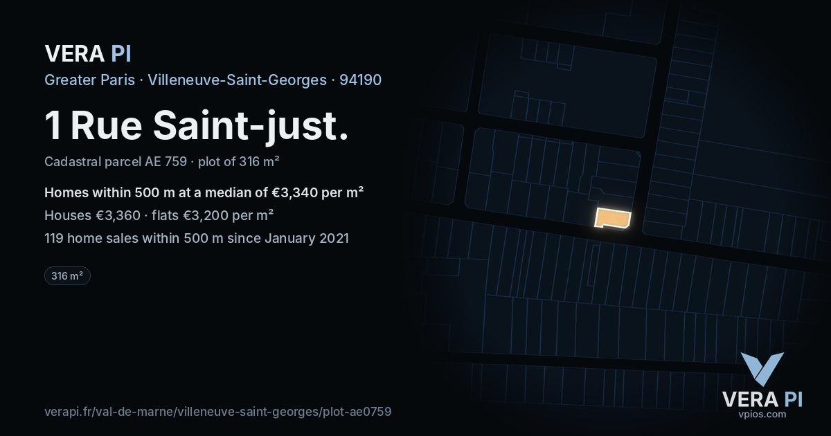 1 Rue Saint-just, Villeneuve-Saint-Georges at night – the plot lit, the parcels around coloured by the prices near them