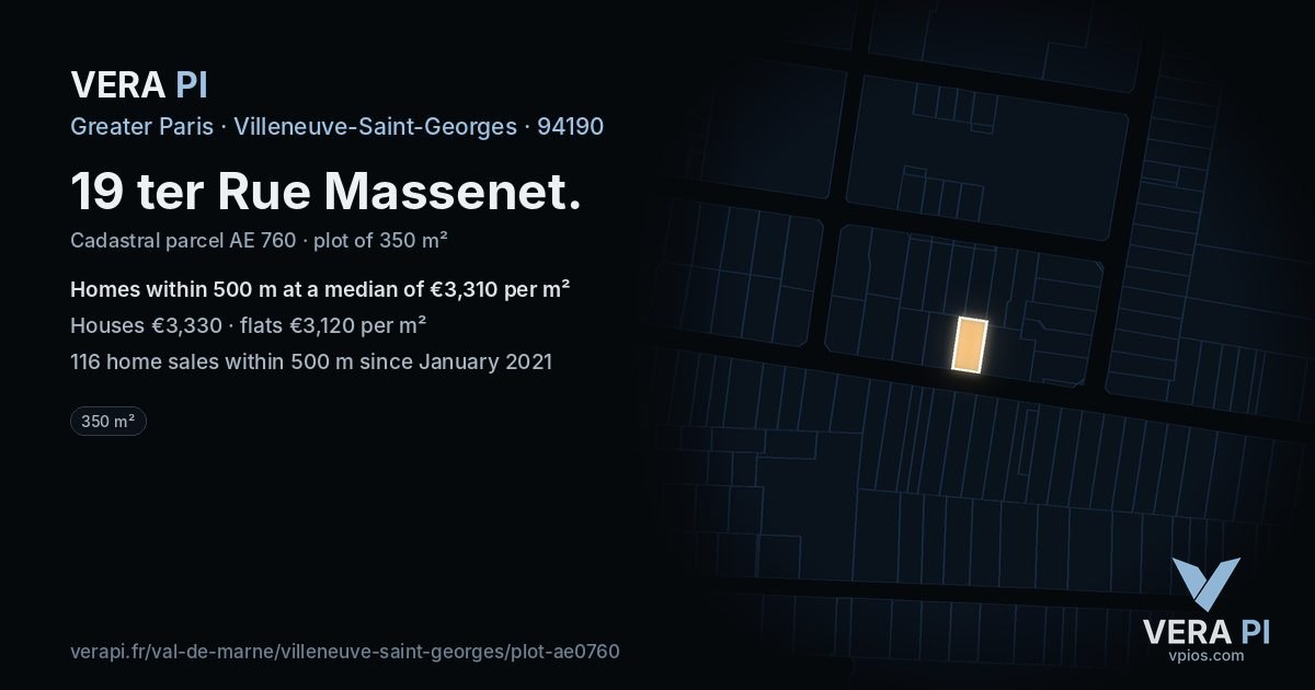 19 ter Rue Massenet, Villeneuve-Saint-Georges at night – the plot lit, the parcels around coloured by the prices near them