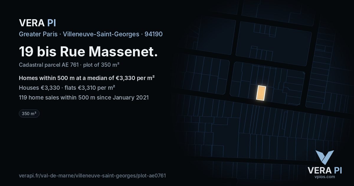 19 bis Rue Massenet, Villeneuve-Saint-Georges at night – the plot lit, the parcels around coloured by the prices near them