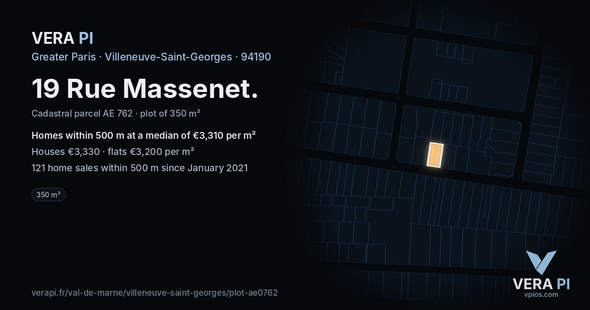 19 Rue Massenet, Villeneuve-Saint-Georges at night – the plot lit, the parcels around coloured by the prices near them
