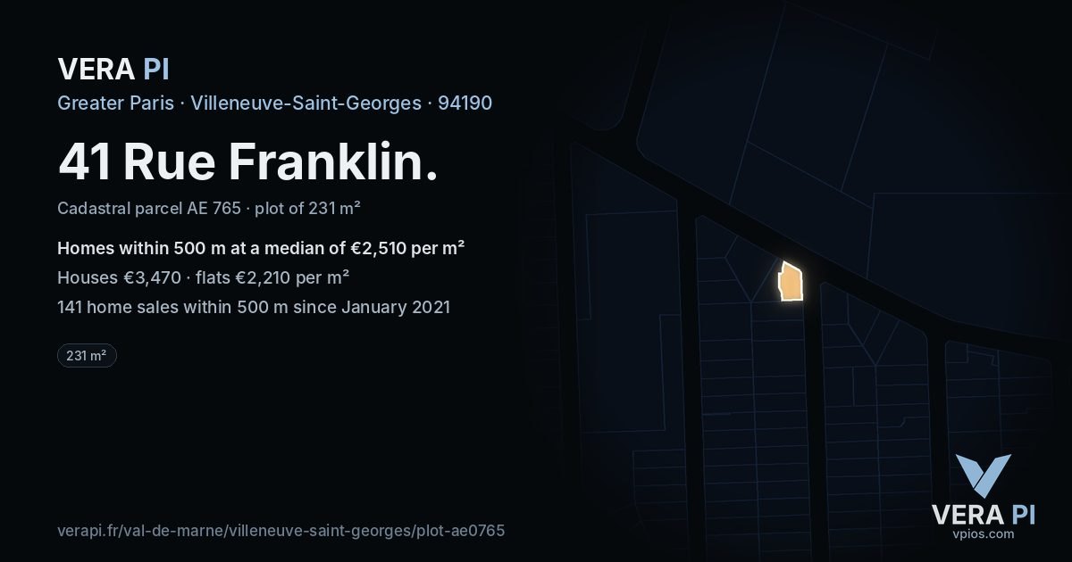41 Rue Franklin, Villeneuve-Saint-Georges at night – the plot lit, the parcels around coloured by the prices near them