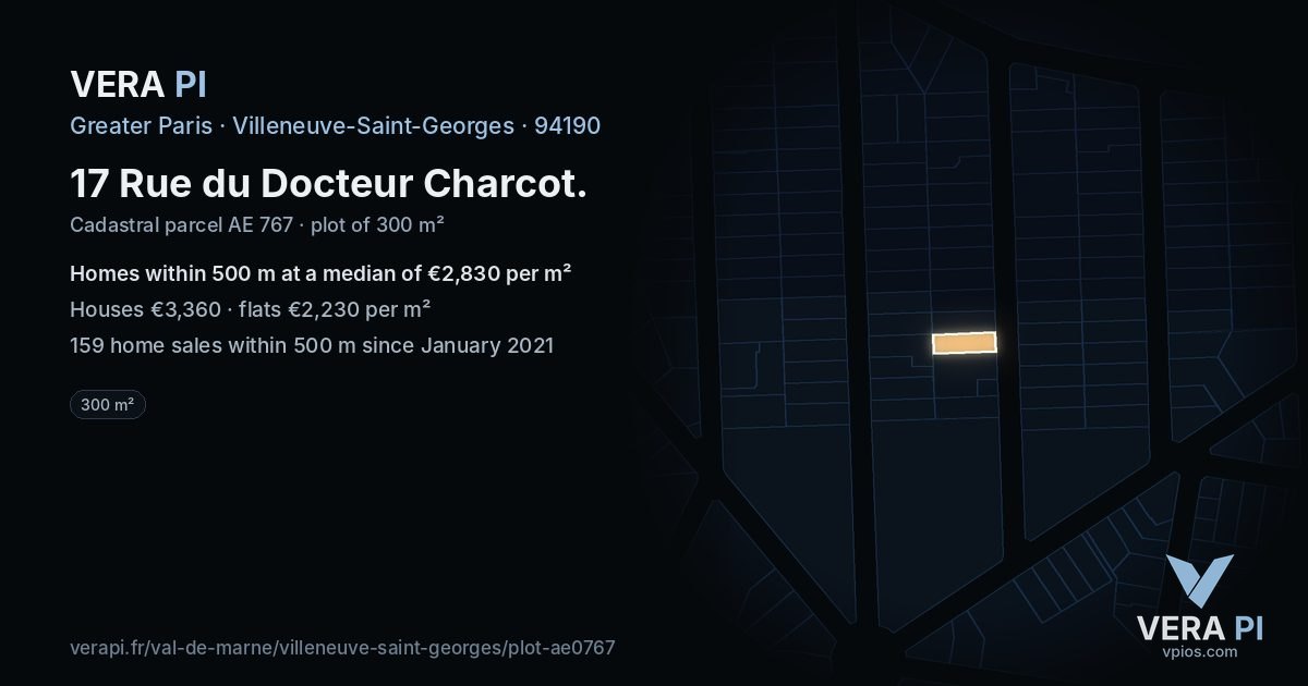 17 Rue du Docteur Charcot, Villeneuve-Saint-Georges at night – the plot lit, the parcels around coloured by the prices near them