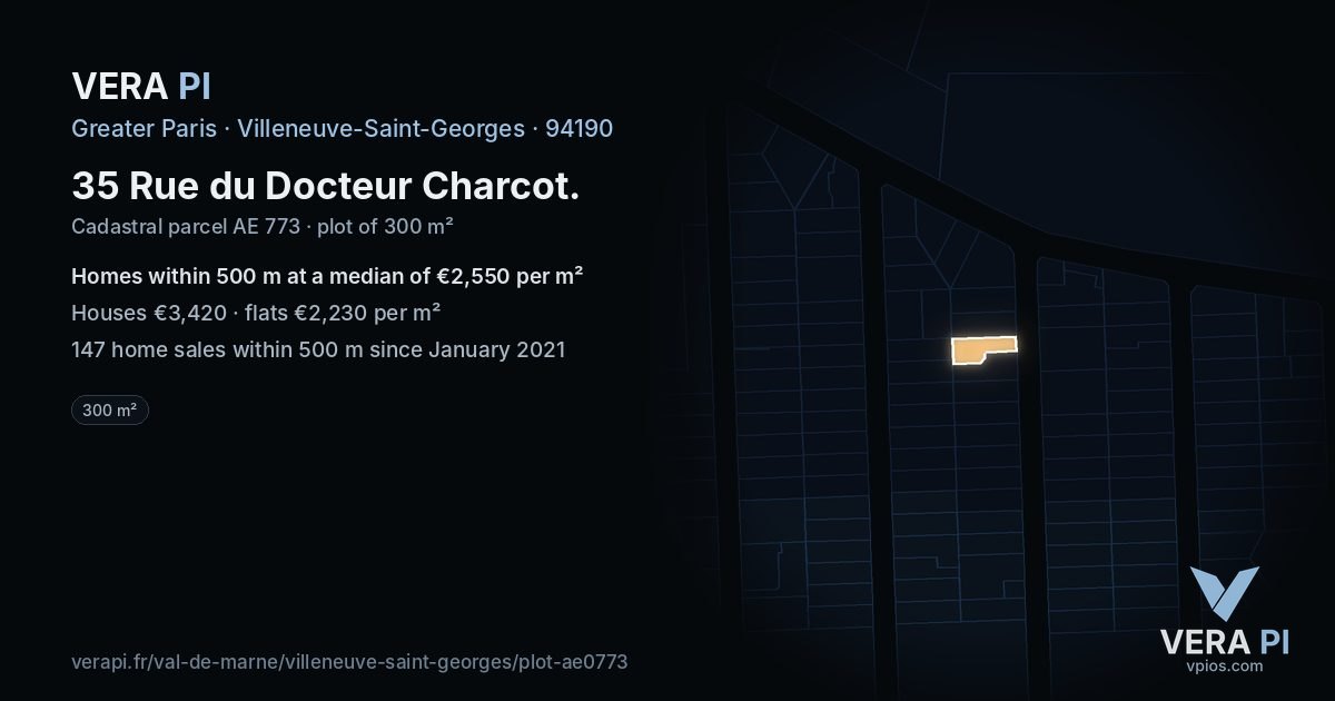 35 Rue du Docteur Charcot, Villeneuve-Saint-Georges at night – the plot lit, the parcels around coloured by the prices near them