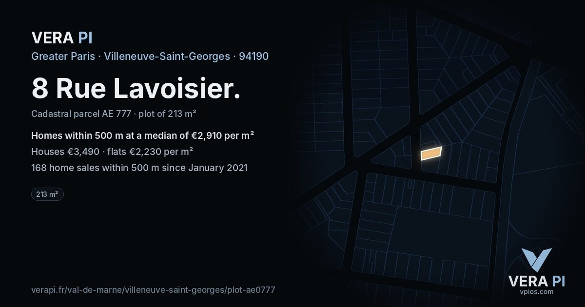 8 Rue Lavoisier, Villeneuve-Saint-Georges at night – the plot lit, the parcels around coloured by the prices near them