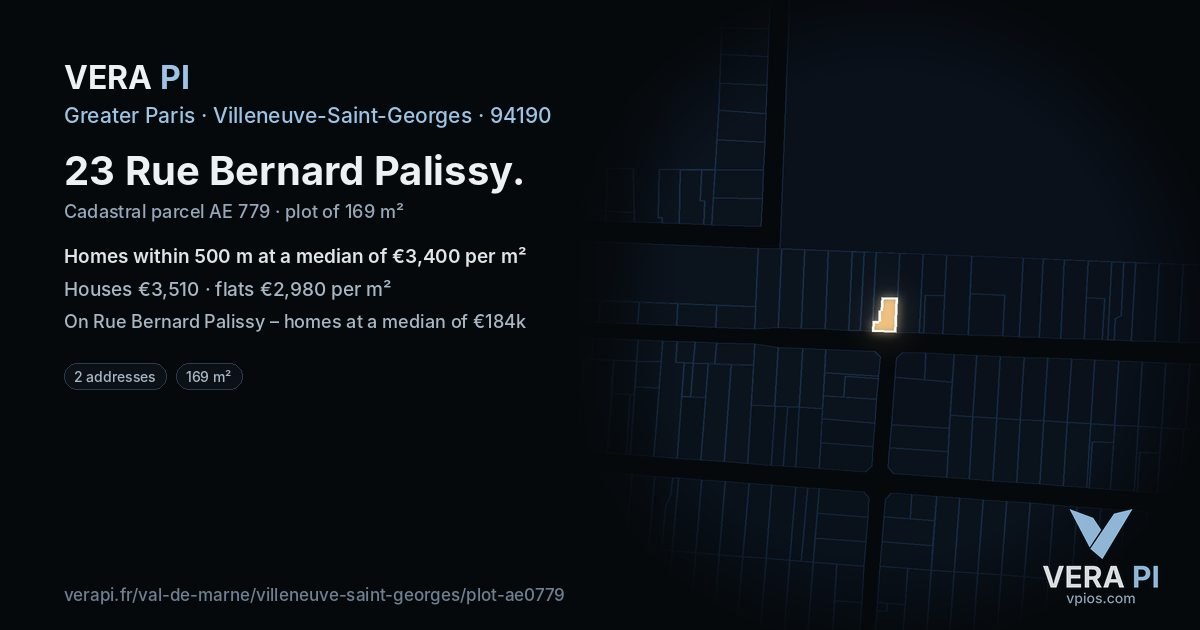 23 Rue Bernard Palissy, Villeneuve-Saint-Georges at night – the plot lit, the parcels around coloured by the prices near them