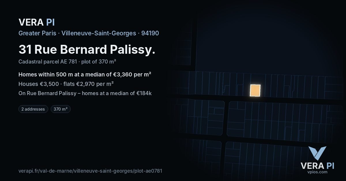 31 Rue Bernard Palissy, Villeneuve-Saint-Georges at night – the plot lit, the parcels around coloured by the prices near them