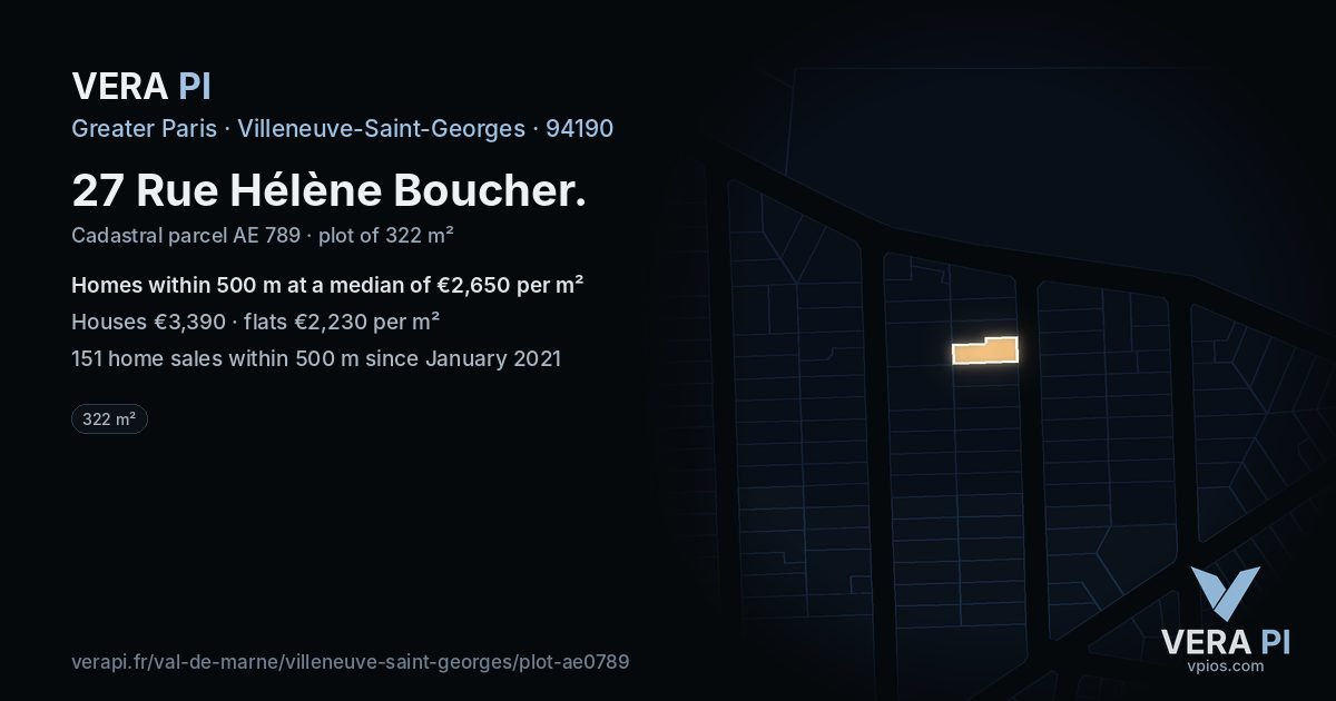 27 Rue Hélène Boucher, Villeneuve-Saint-Georges at night – the plot lit, the parcels around coloured by the prices near them