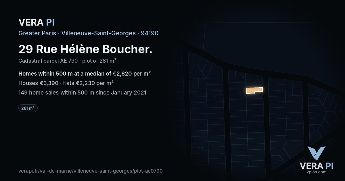 29 Rue Hélène Boucher, Villeneuve-Saint-Georges at night – the plot lit, the parcels around coloured by the prices near them