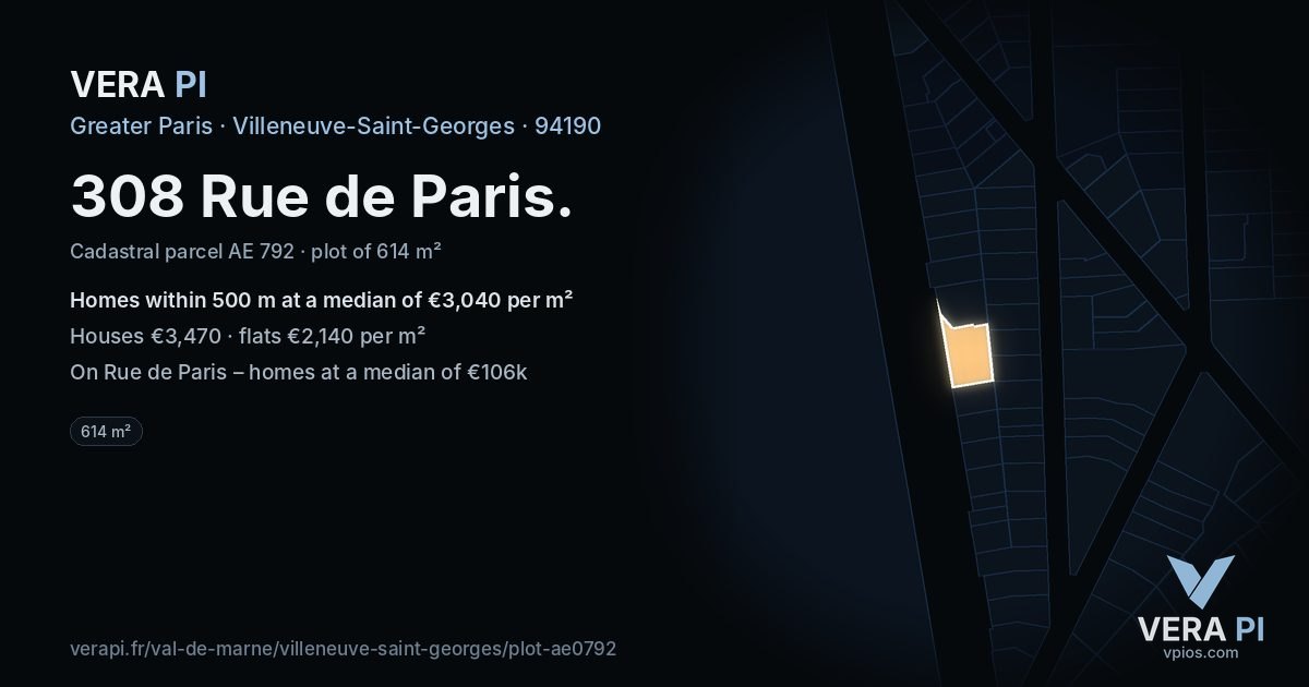 308 Rue de Paris, Villeneuve-Saint-Georges at night – the plot lit, the parcels around coloured by the prices near them